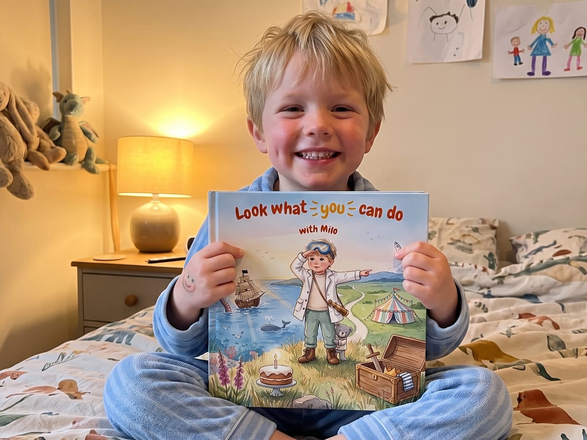 A happy child holding their own copy of Look What You Can Do