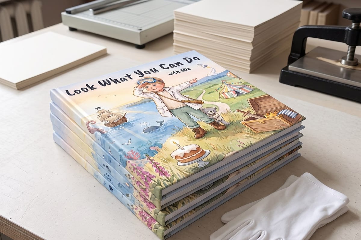 Freshly printed and bound copies of a book on the printer's bench