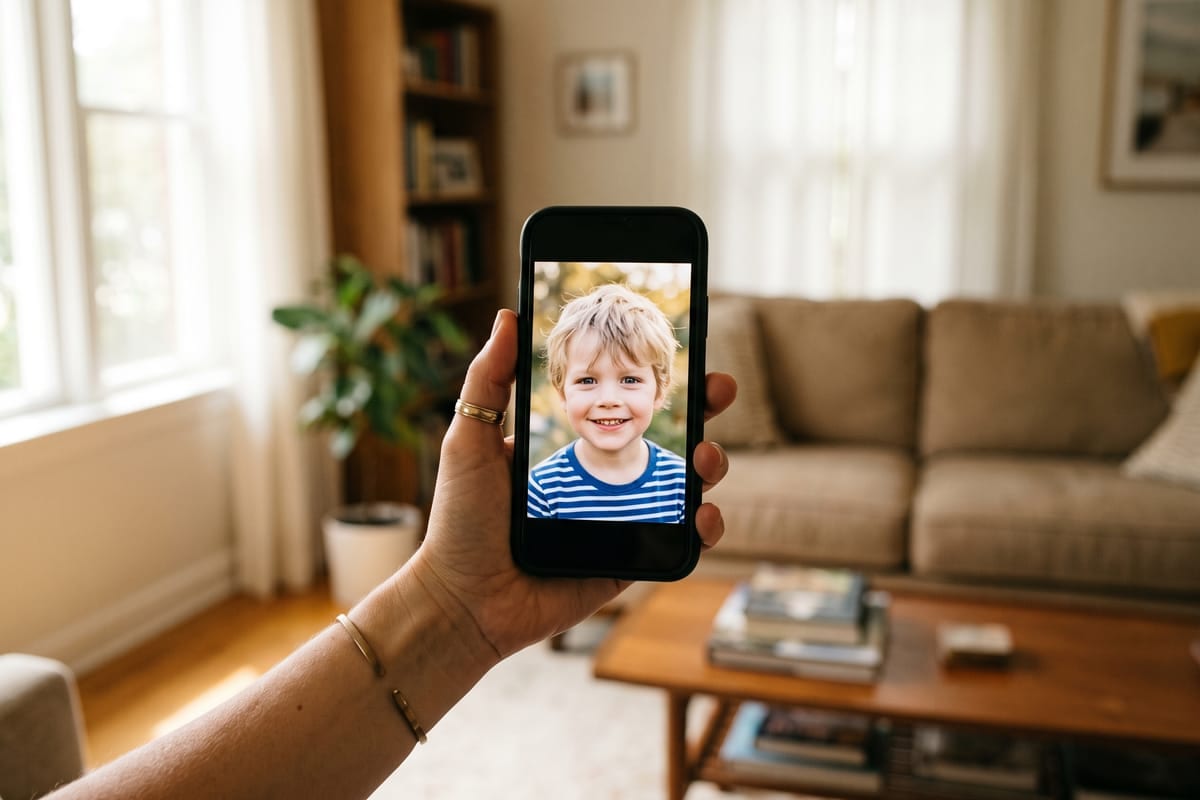 A parent holding a phone with a clear photo of their child on the screen