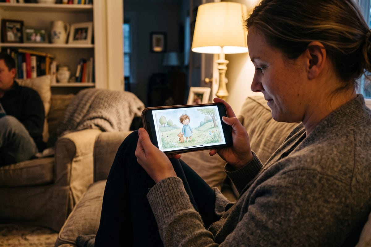 A parent on the sofa reading the finished book on a phone