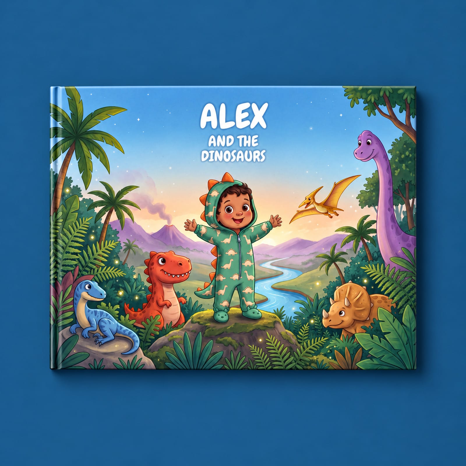 Alex and the Dinosaurs, a landscape picture book with the example child in a green dinosaur suit among friendly dinosaurs.