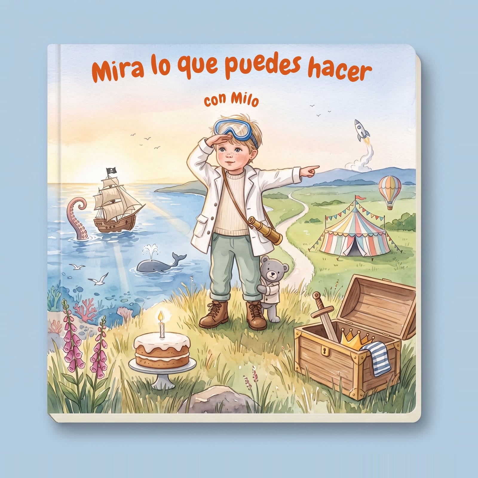 El libro cuadrado de tapa dura sobre un fondo azul cielo claro, visto desde arriba, con el niño del telescopio en la portada.