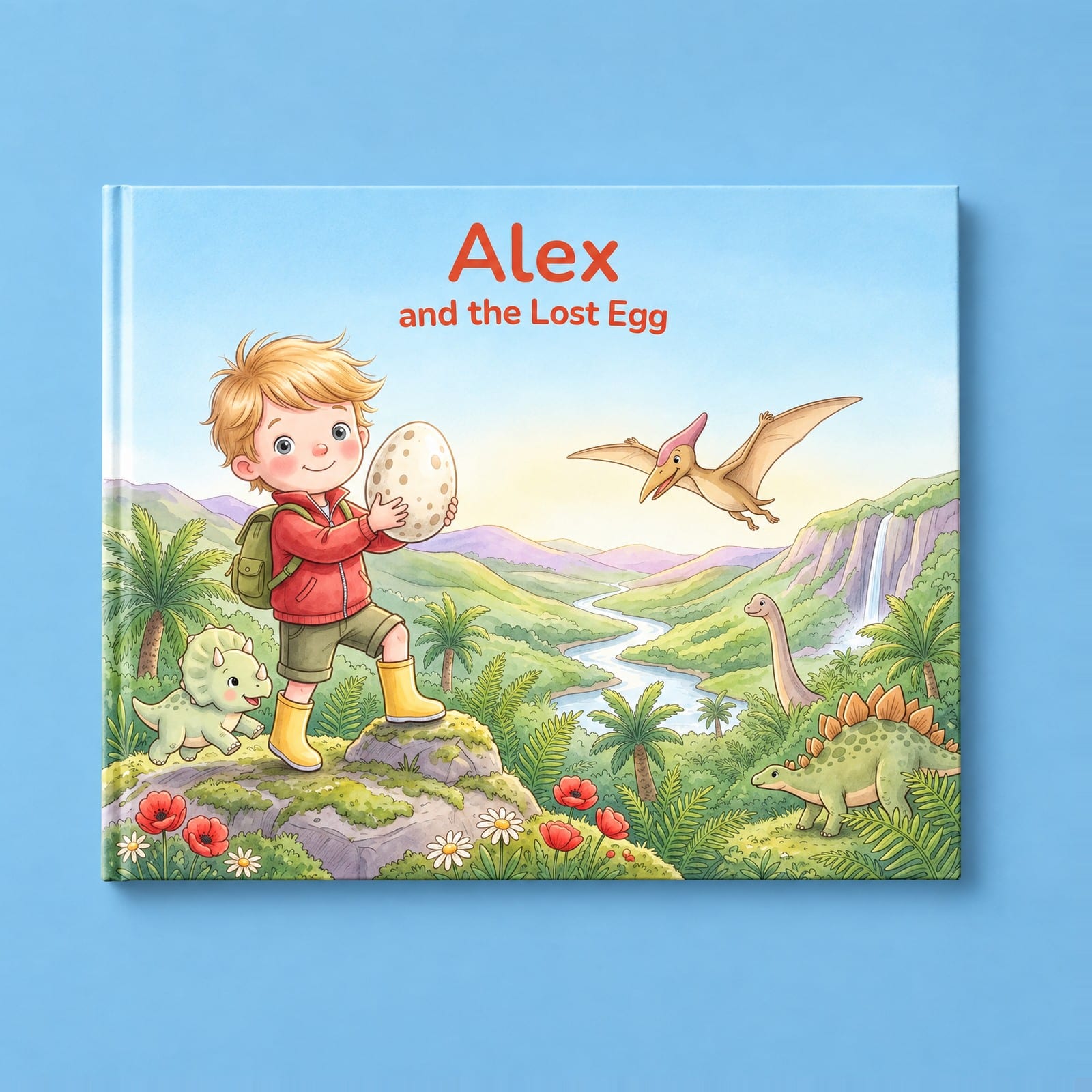 Alex and the Lost Egg, a landscape picture book with the example child holding a speckled egg in a sunny dinosaur valley.