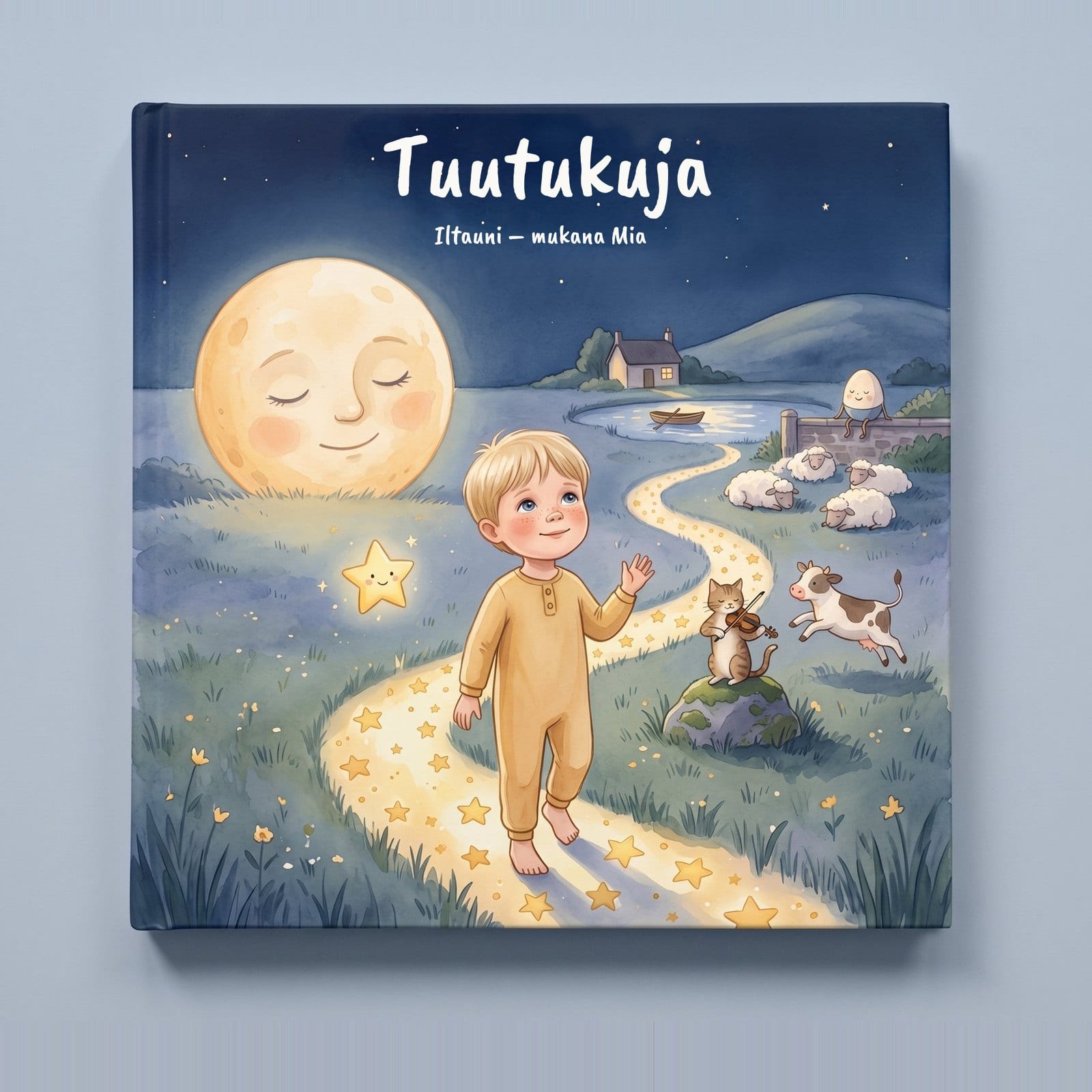 Valmis kovakantinen kirja tasaisella alustalla ylhäältä kuvattuna, yönsininen kansi ylöspäin.