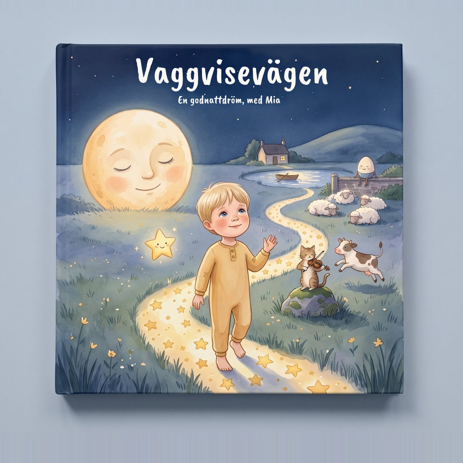 Den färdiga inbundna boken liggande platt, sedd ovanifrån, med det nattblå omslaget uppåt.