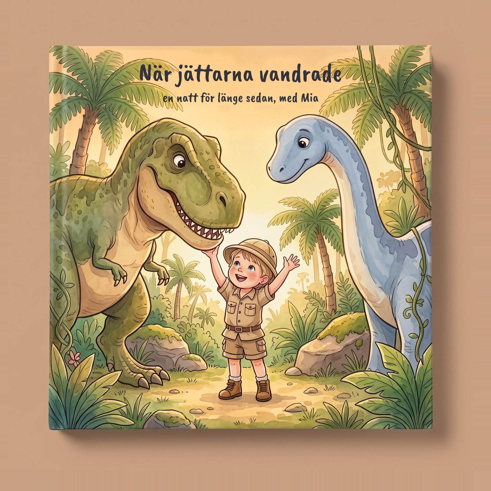 Den färdiga inbundna boken liggande platt, sedd ovanifrån, med omslaget uppåt.