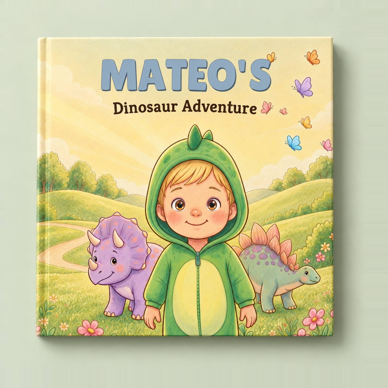 Mateo's Dinosaur Adventure, a square picture book with the example child in a green dinosaur onesie between a baby Triceratops and a Stegosaurus.