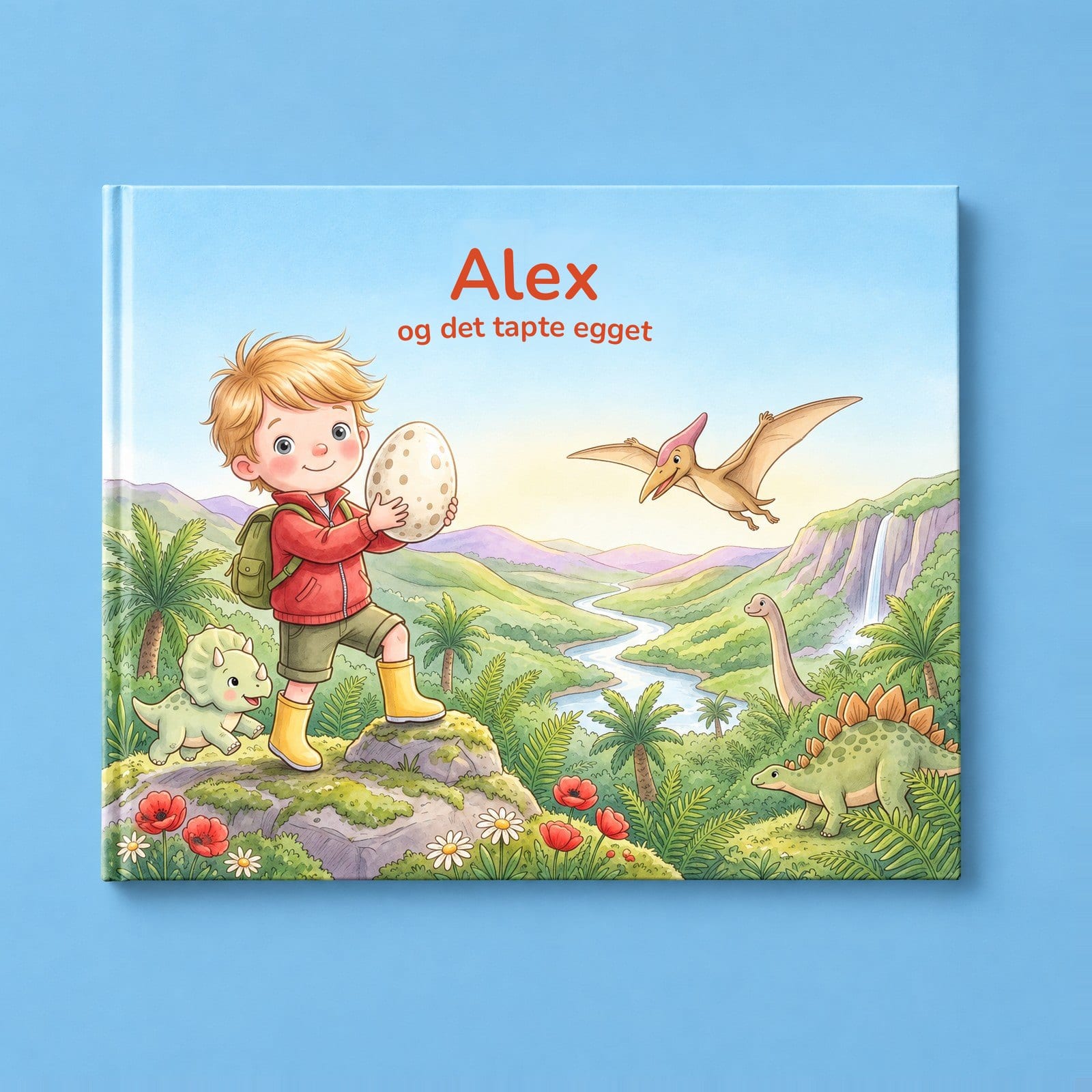 Alex and the Lost Egg, en bildebok i liggende format med eksempelbarnet som holder et flekkete egg i en solfylt dinosaurdal.
