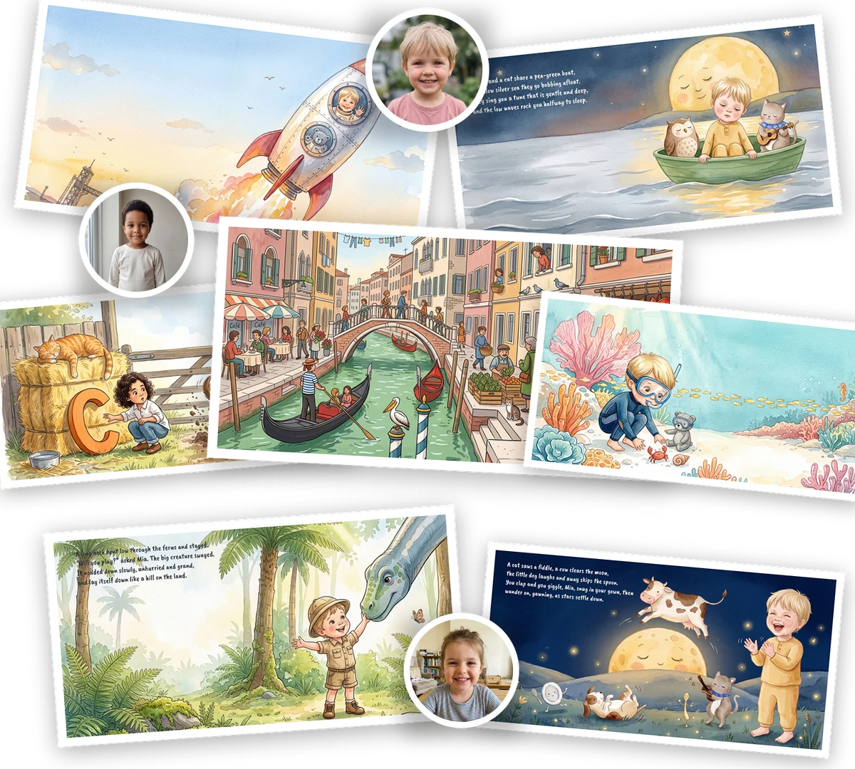 Spreads from the books, each with a photograph of the child the character was drawn from.
