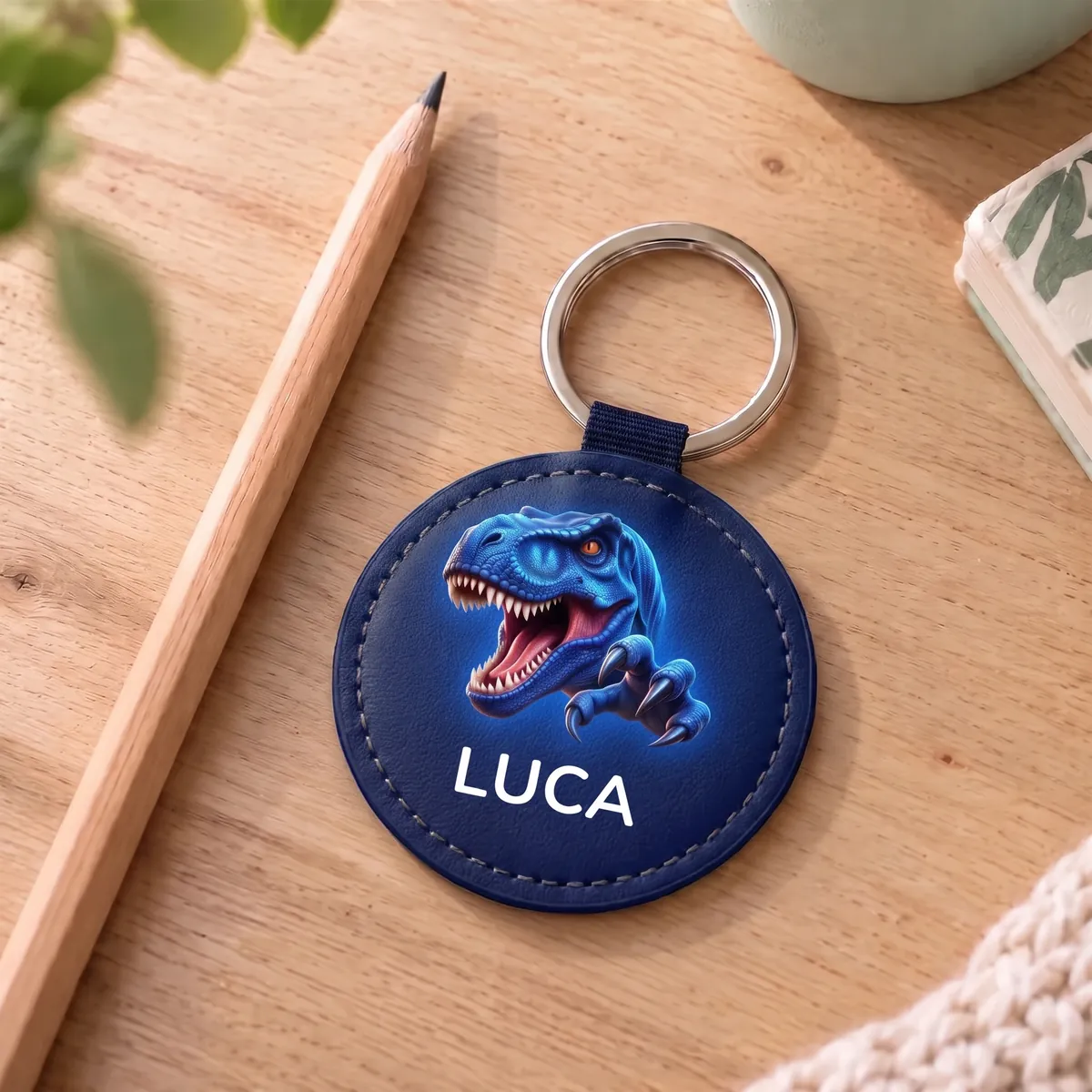 Llavero personalizado de piel sintética - T-Rex azul, Imagen 5 de 6