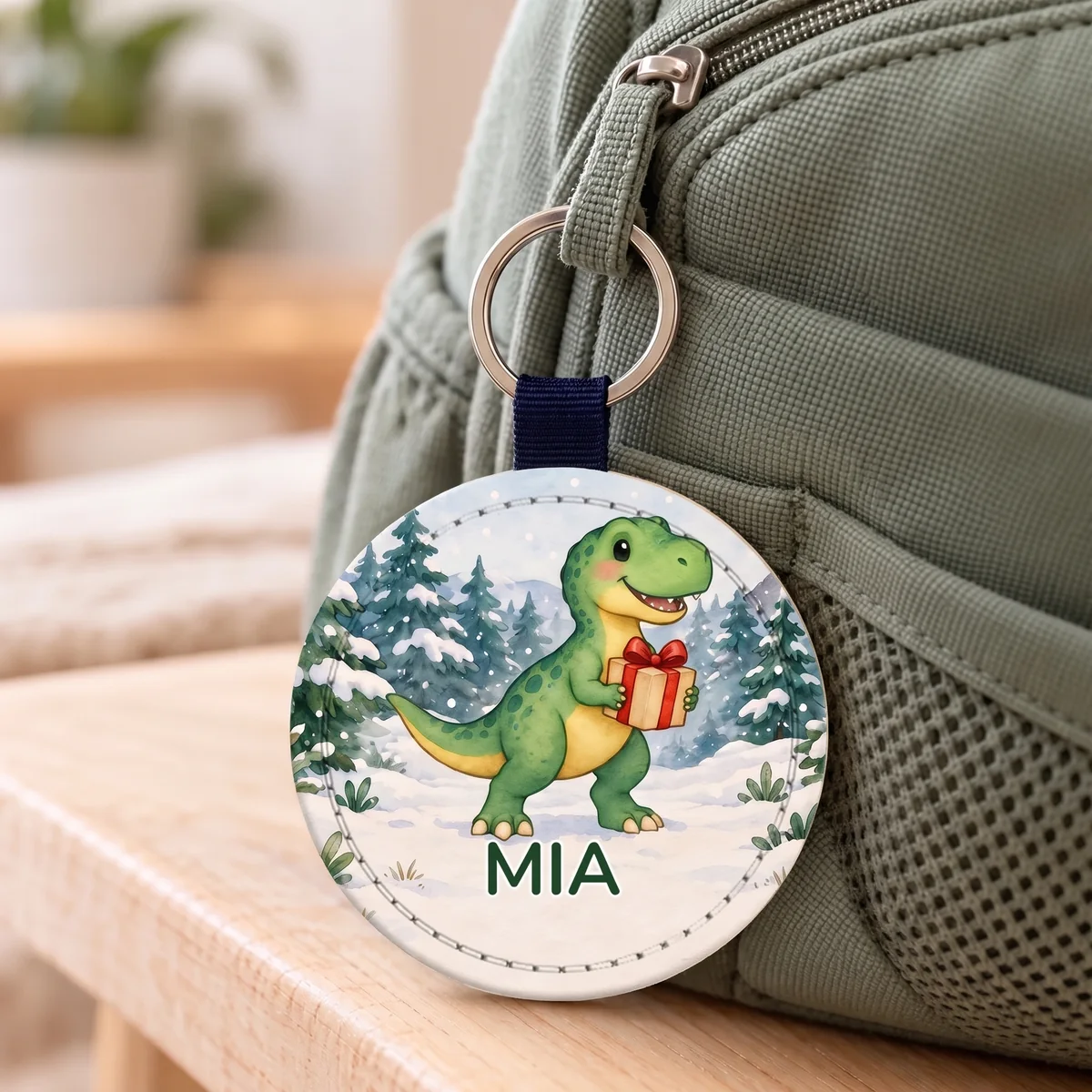 Gepersonaliseerde sleutelhanger van kunstleer - Dino-kerstpost, Afbeelding 2 van 6