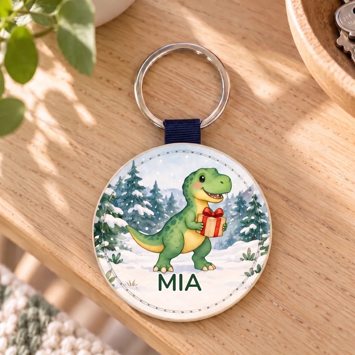 Gepersonaliseerde sleutelhanger van kunstleer - Dino-kerstpost, Afbeelding 3 van 6