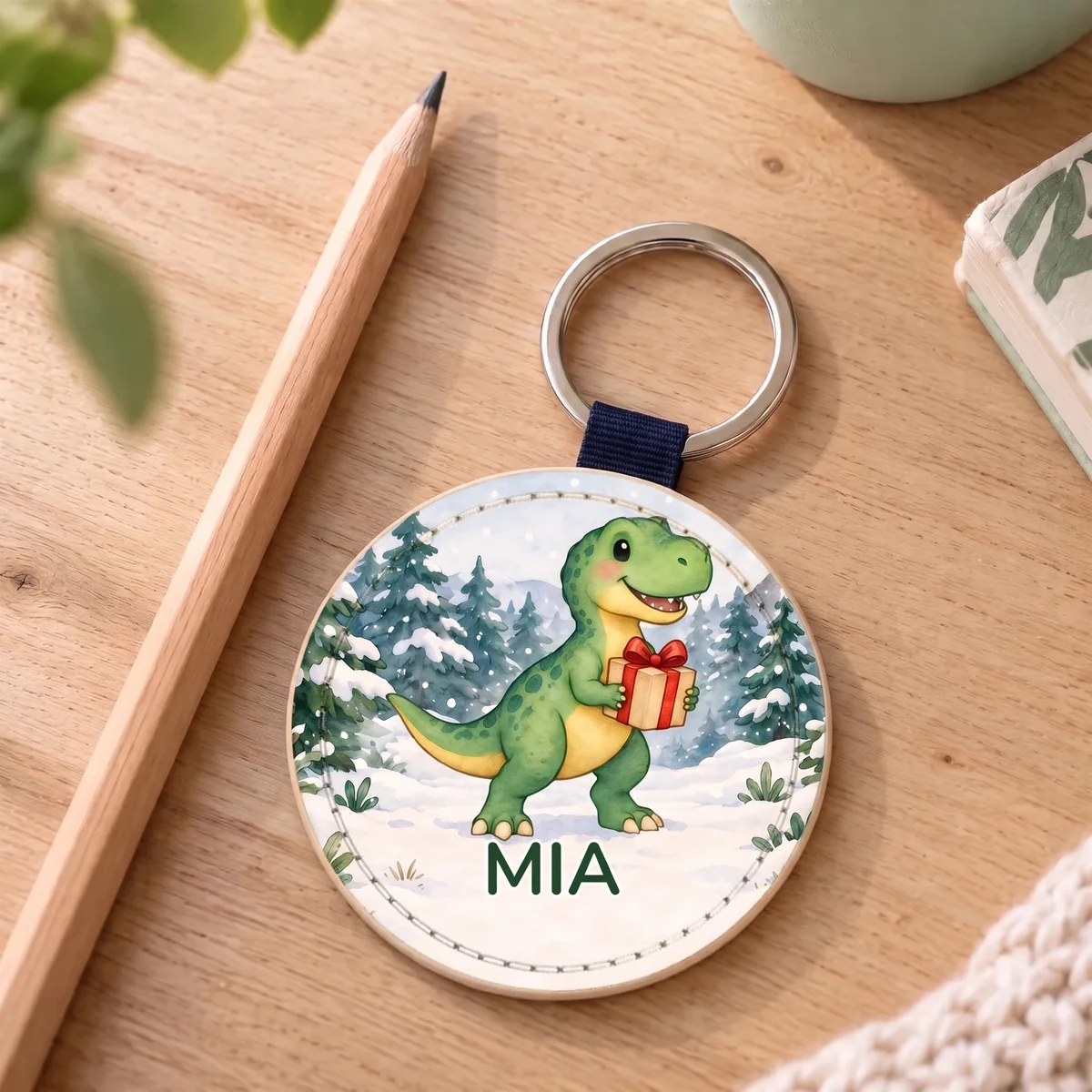 Gepersonaliseerde sleutelhanger van kunstleer - Dino-kerstpost, Afbeelding 5 van 6