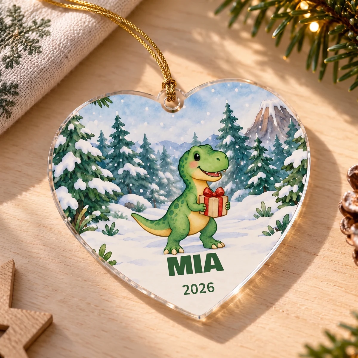 Personalisiertes Acryl-Ornament - Dino-Weihnachtspost · Herz, Bild 3 von 6