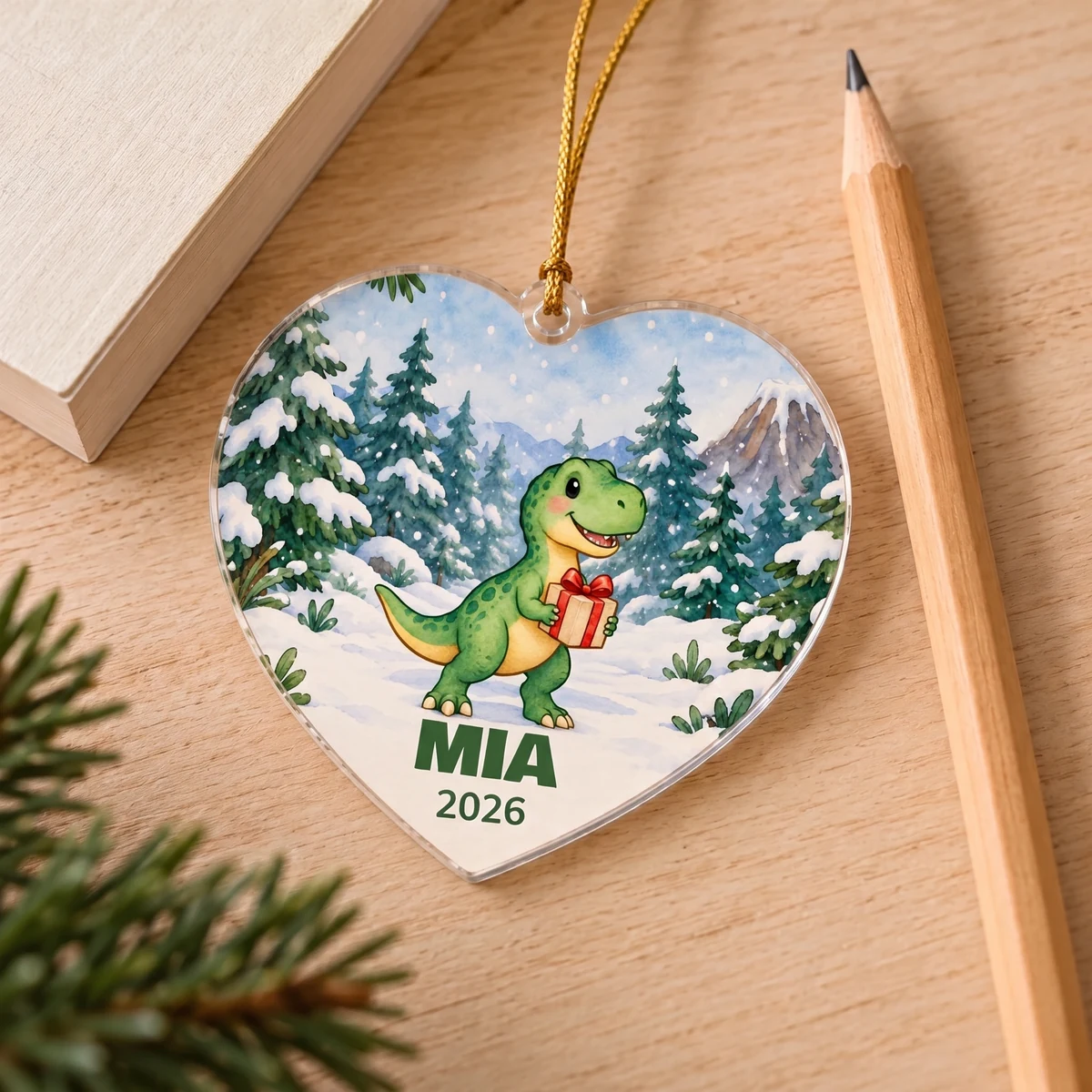 Personalisiertes Acryl-Ornament - Dino-Weihnachtspost · Herz, Bild 5 von 6