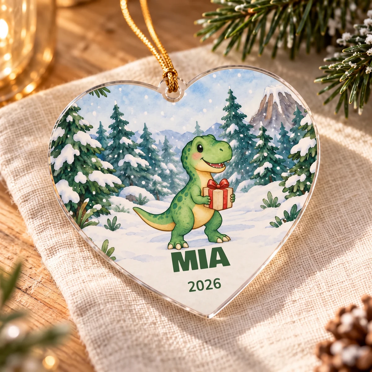 Personalisiertes Acryl-Ornament - Dino-Weihnachtspost · Herz, Bild 6 von 6
