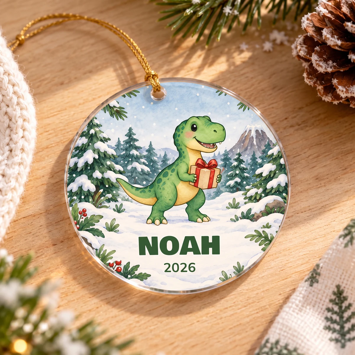 Personalisiertes Acryl-Ornament - Dino-Weihnachtspost · Kreis, Bild 3 von 6