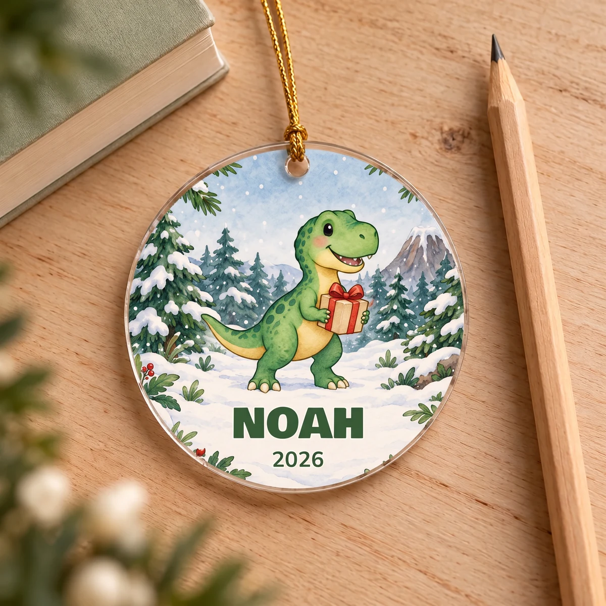 Personalisiertes Acryl-Ornament - Dino-Weihnachtspost · Kreis, Bild 5 von 6